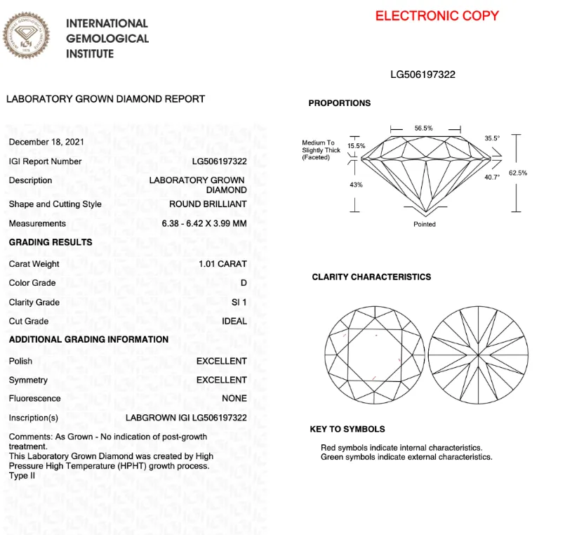 1.01CT Round D SI1 Ideal 3EX NONE - LG506197322