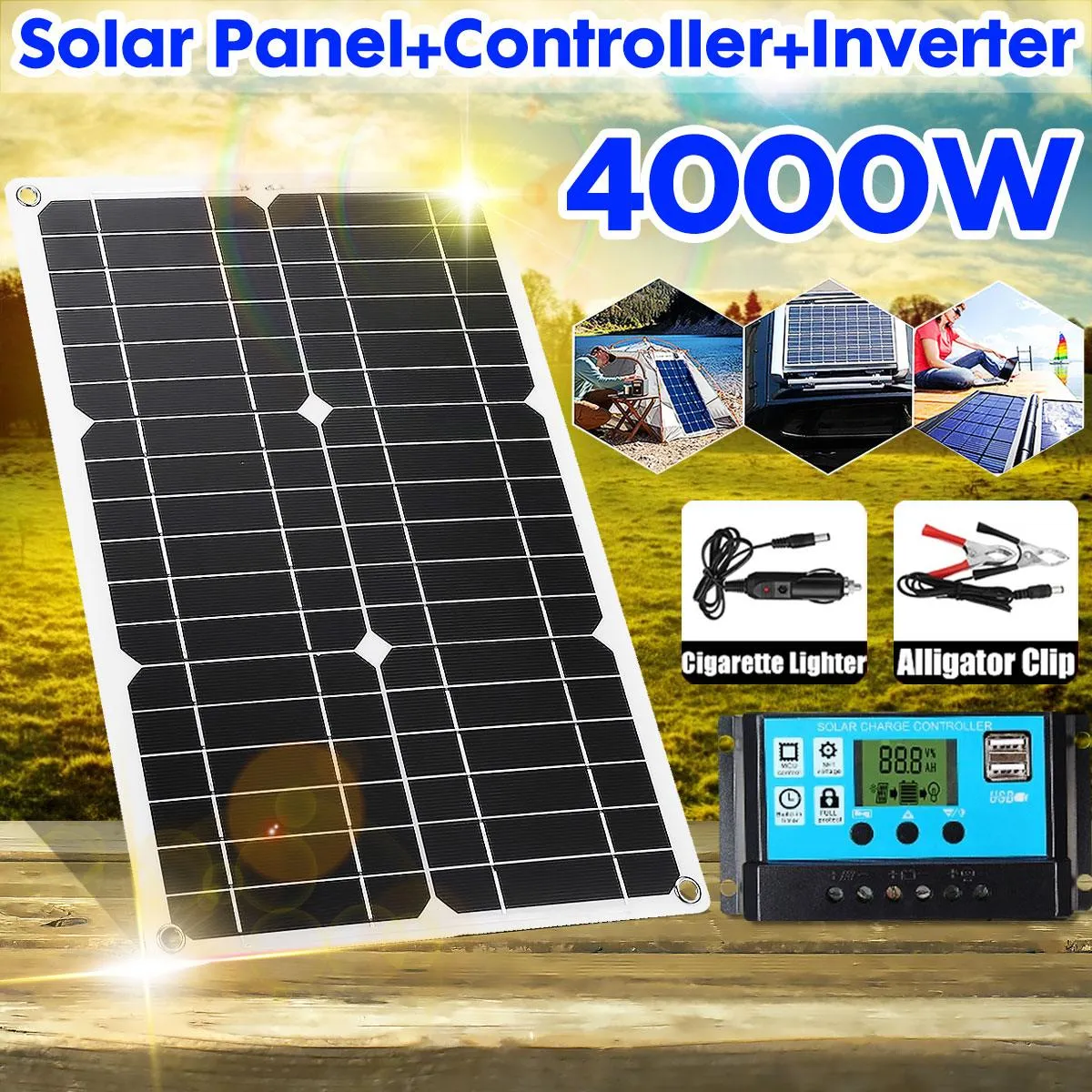 110V/220V Solar Power System 20W Solar Panel Battery Charger 4000W with Inverter Complete Kit Solar Controller 30A/40A/50A/60A