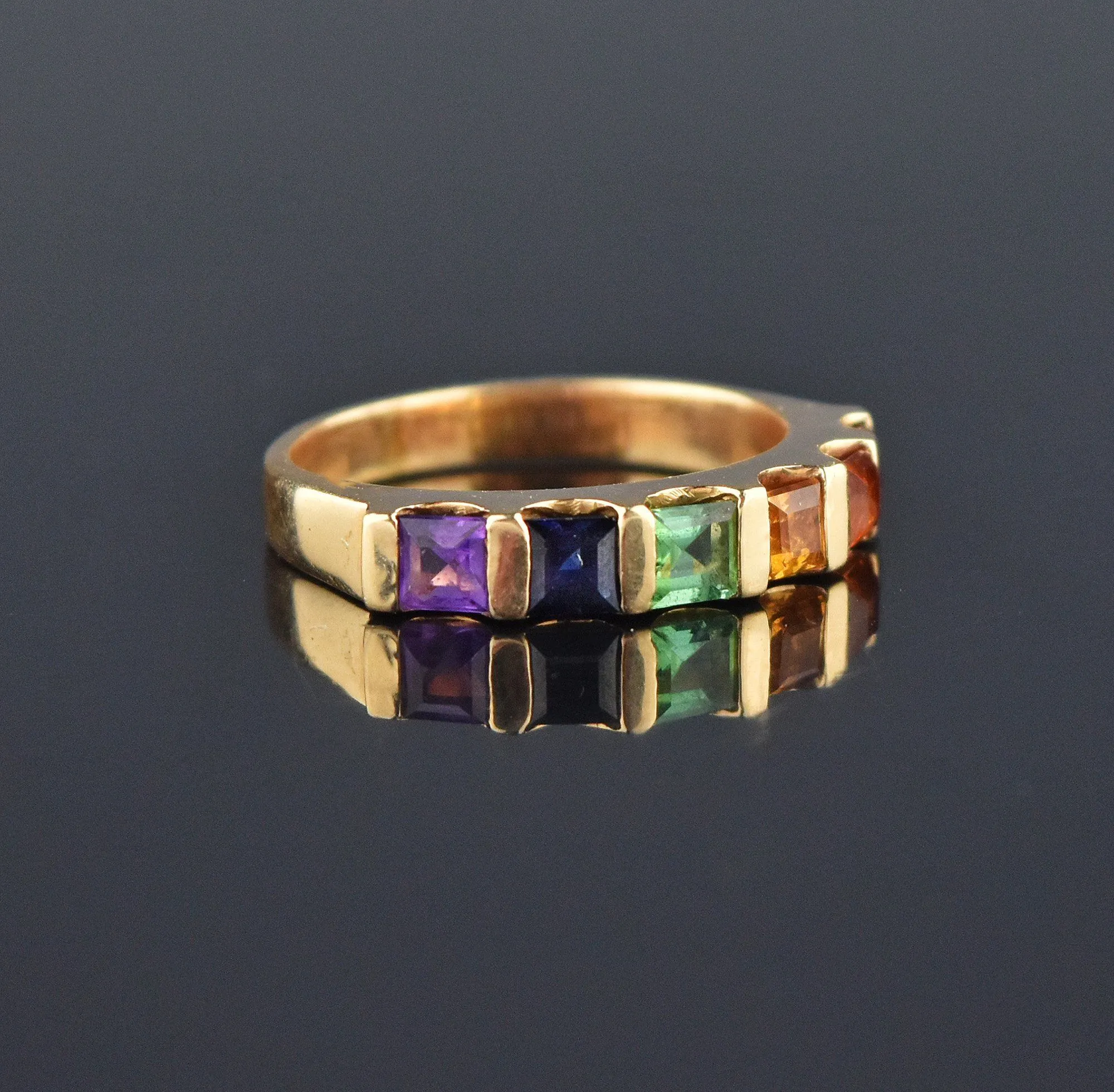 14K Gold Multi Gemstone Harlequin Band Ring