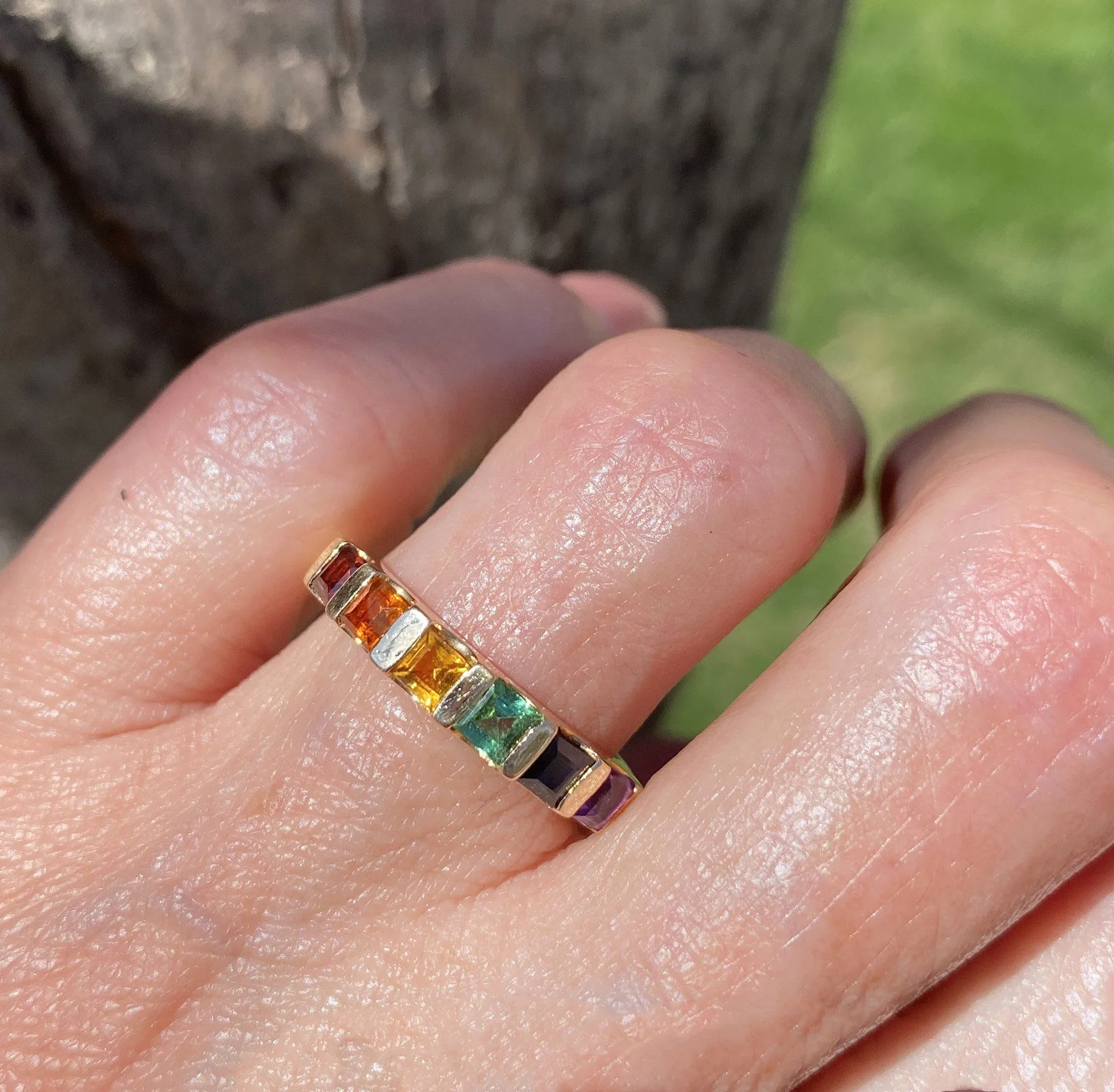 14K Gold Multi Gemstone Harlequin Band Ring