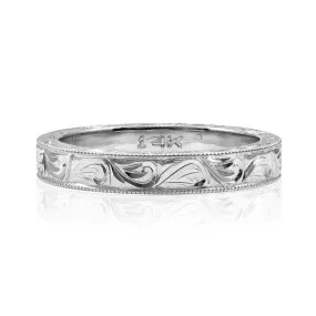 14K WHITE GOLD 3.5MM WEDDING BAND WITH ENGRAVED FLORAL PATTERN AND MILGRAIN