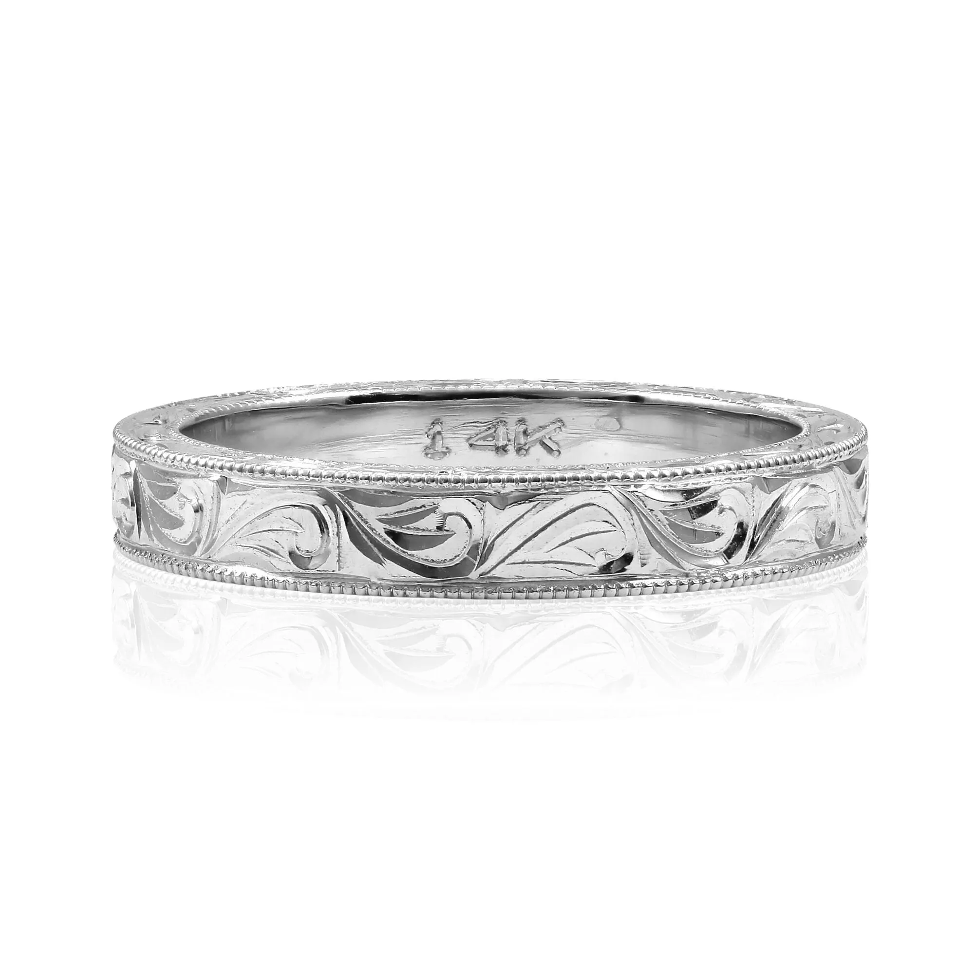 14K WHITE GOLD 3.5MM WEDDING BAND WITH ENGRAVED FLORAL PATTERN AND MILGRAIN