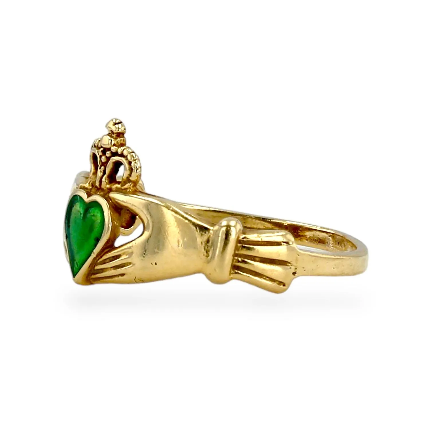 14K Yellow gold green heart claddagh ring