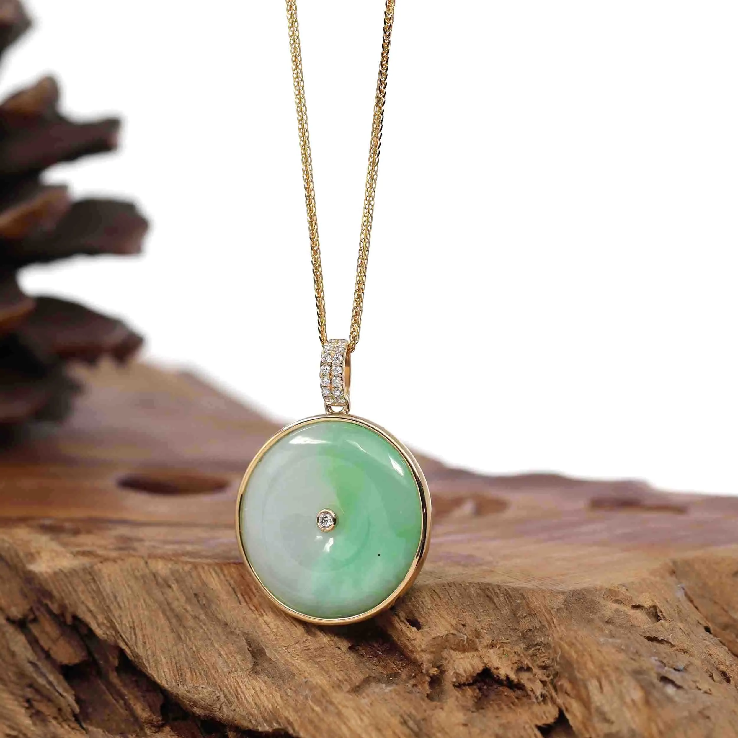 14K Yellow Gold "Good Luck Button" Necklace Ice Green Jadeite Jade Lucky KouKou Pendant Necklace