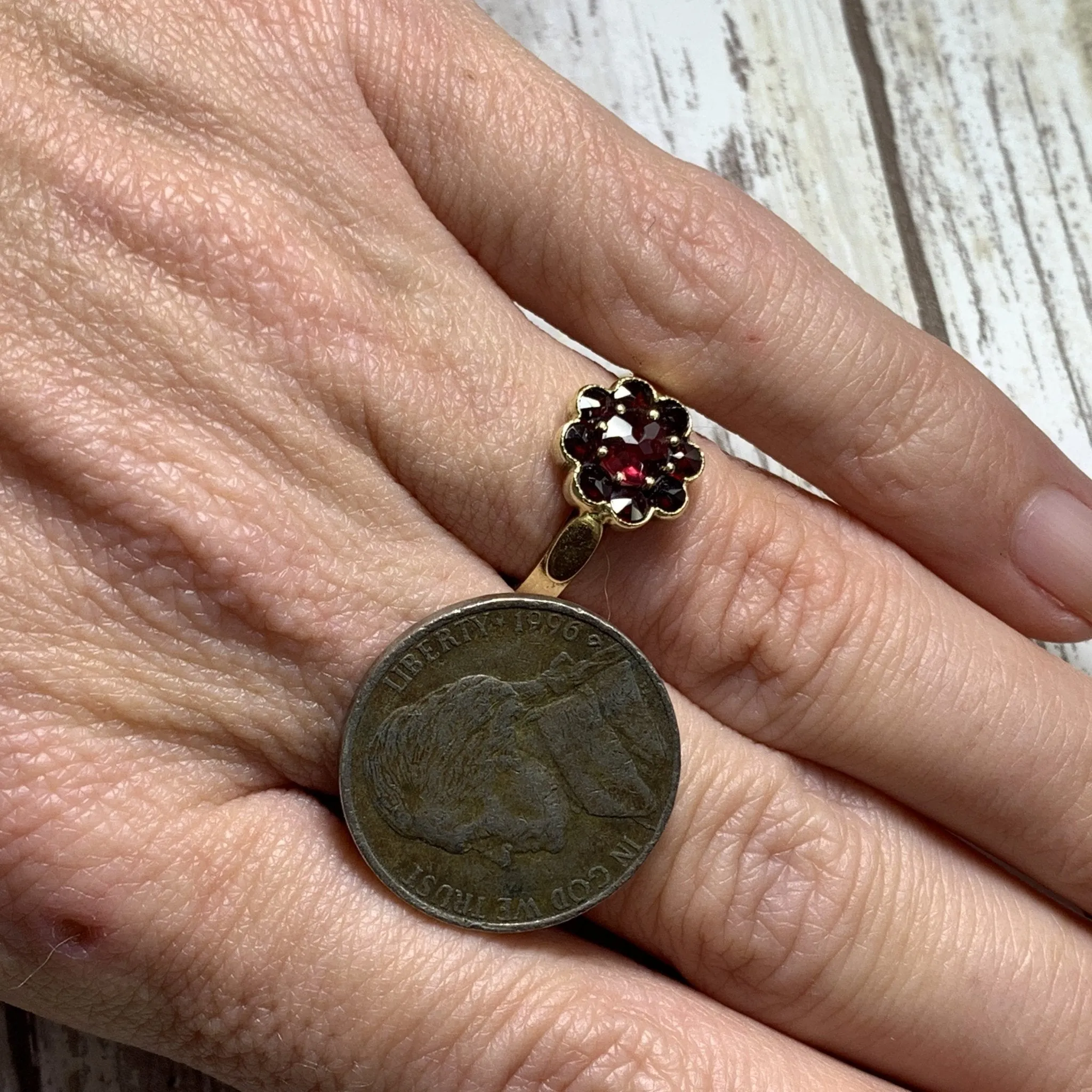 1950s Garnet Cluster Ring in a 14k Yellow Gold Flower Setting. Unique Bohemian Engagement Ring.