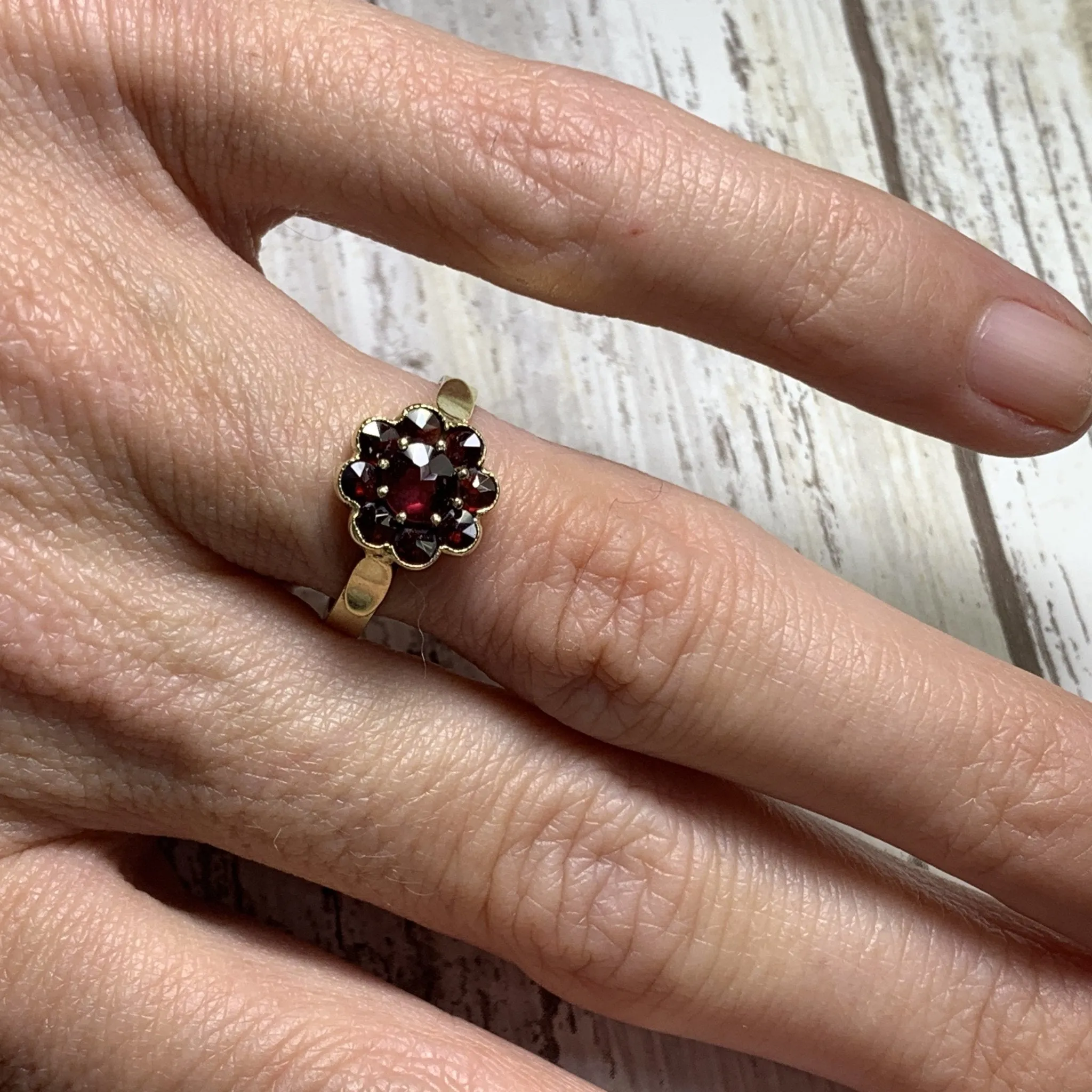 1950s Garnet Cluster Ring in a 14k Yellow Gold Flower Setting. Unique Bohemian Engagement Ring.