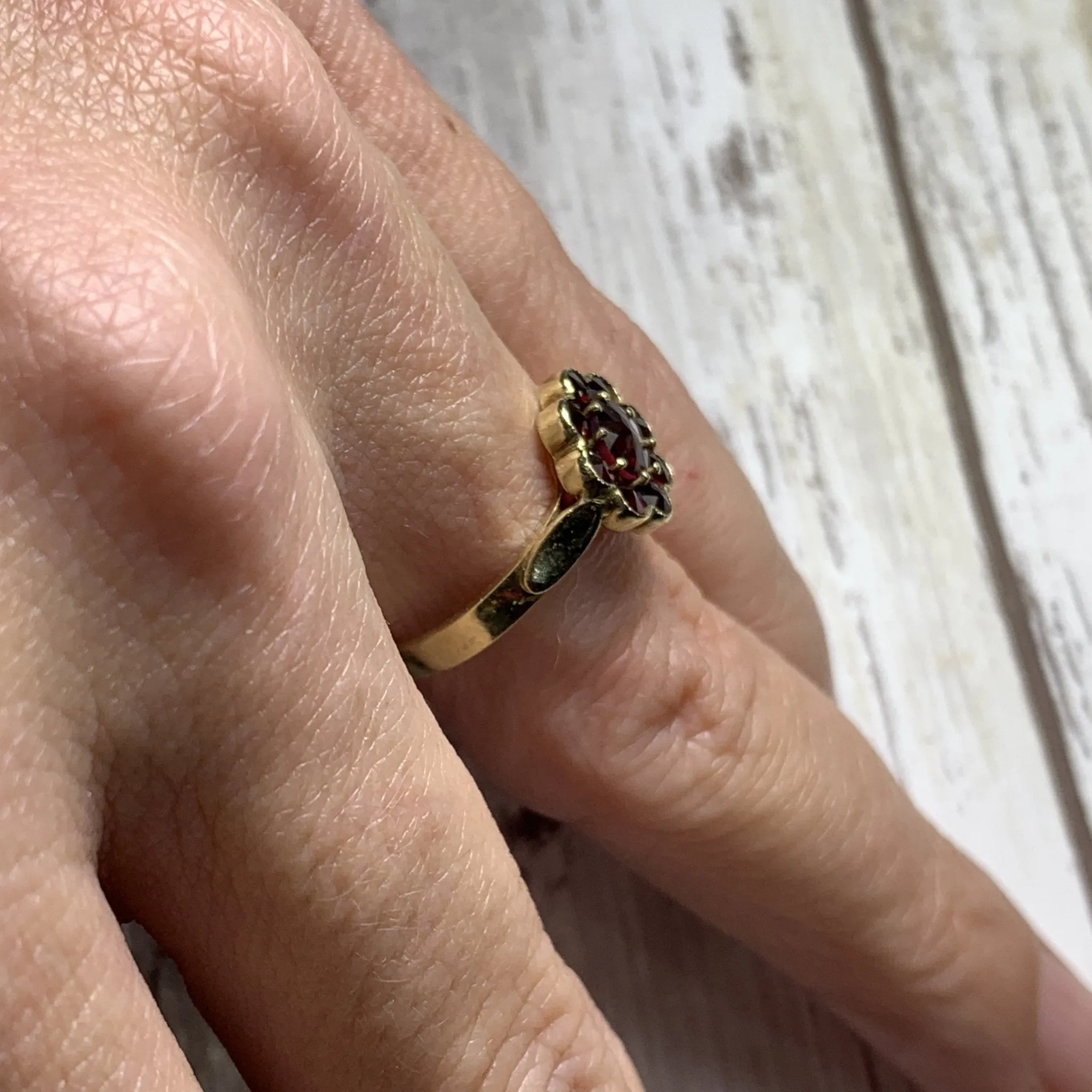 1950s Garnet Cluster Ring in a 14k Yellow Gold Flower Setting. Unique Bohemian Engagement Ring.