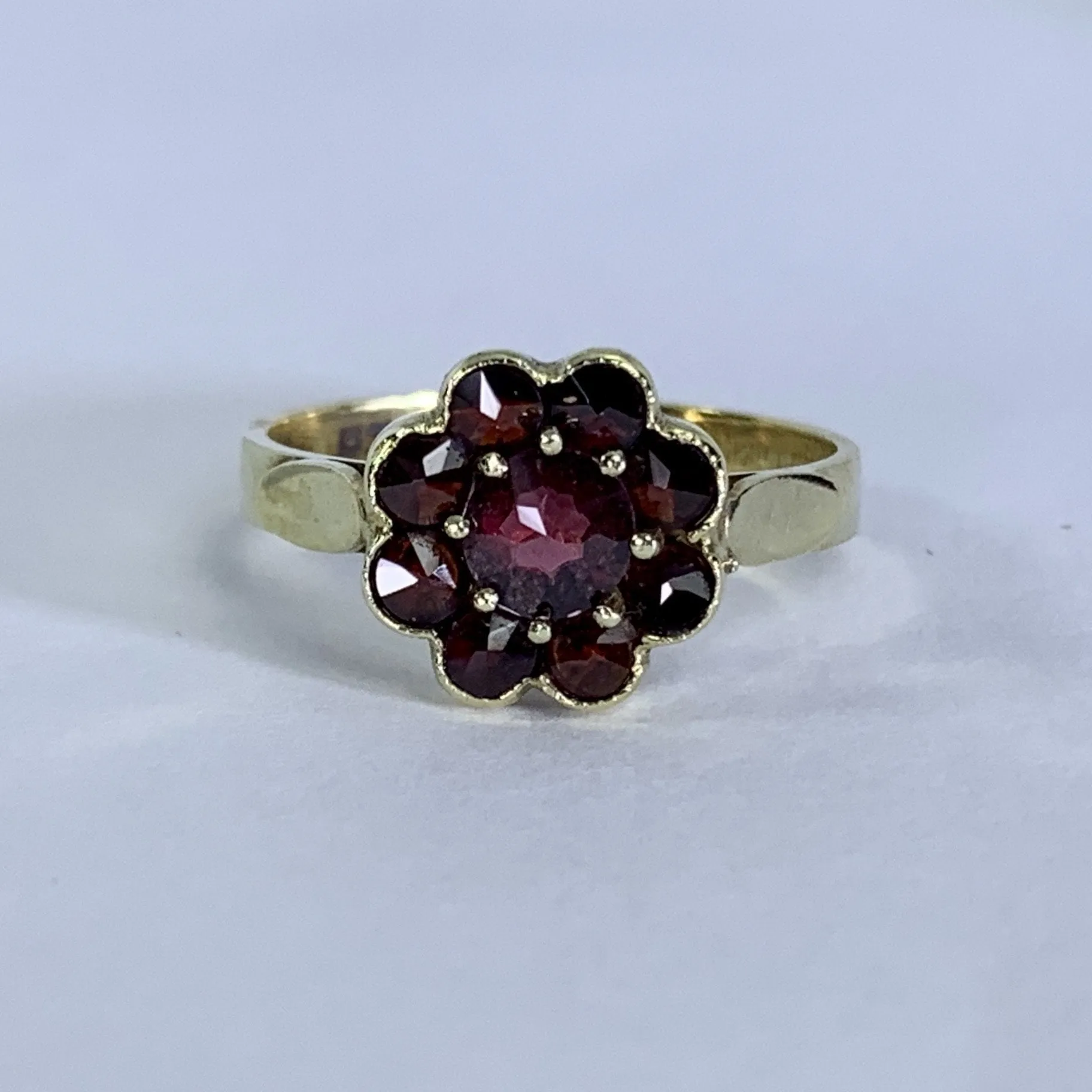 1950s Garnet Cluster Ring in a 14k Yellow Gold Flower Setting. Unique Bohemian Engagement Ring.