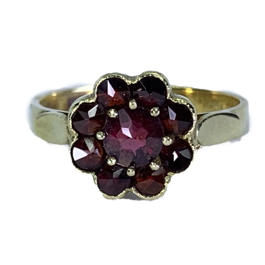 1950s Garnet Cluster Ring in a 14k Yellow Gold Flower Setting. Unique Bohemian Engagement Ring.