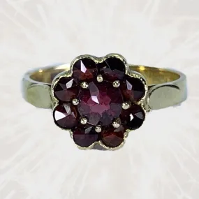 1950s Garnet Cluster Ring in a 14k Yellow Gold Flower Setting. Unique Bohemian Engagement Ring.