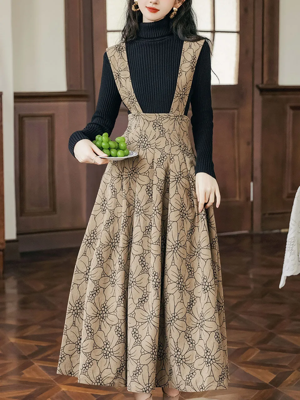 2PS Black Sweater With Brown Floral Suspender Corduroy Dress