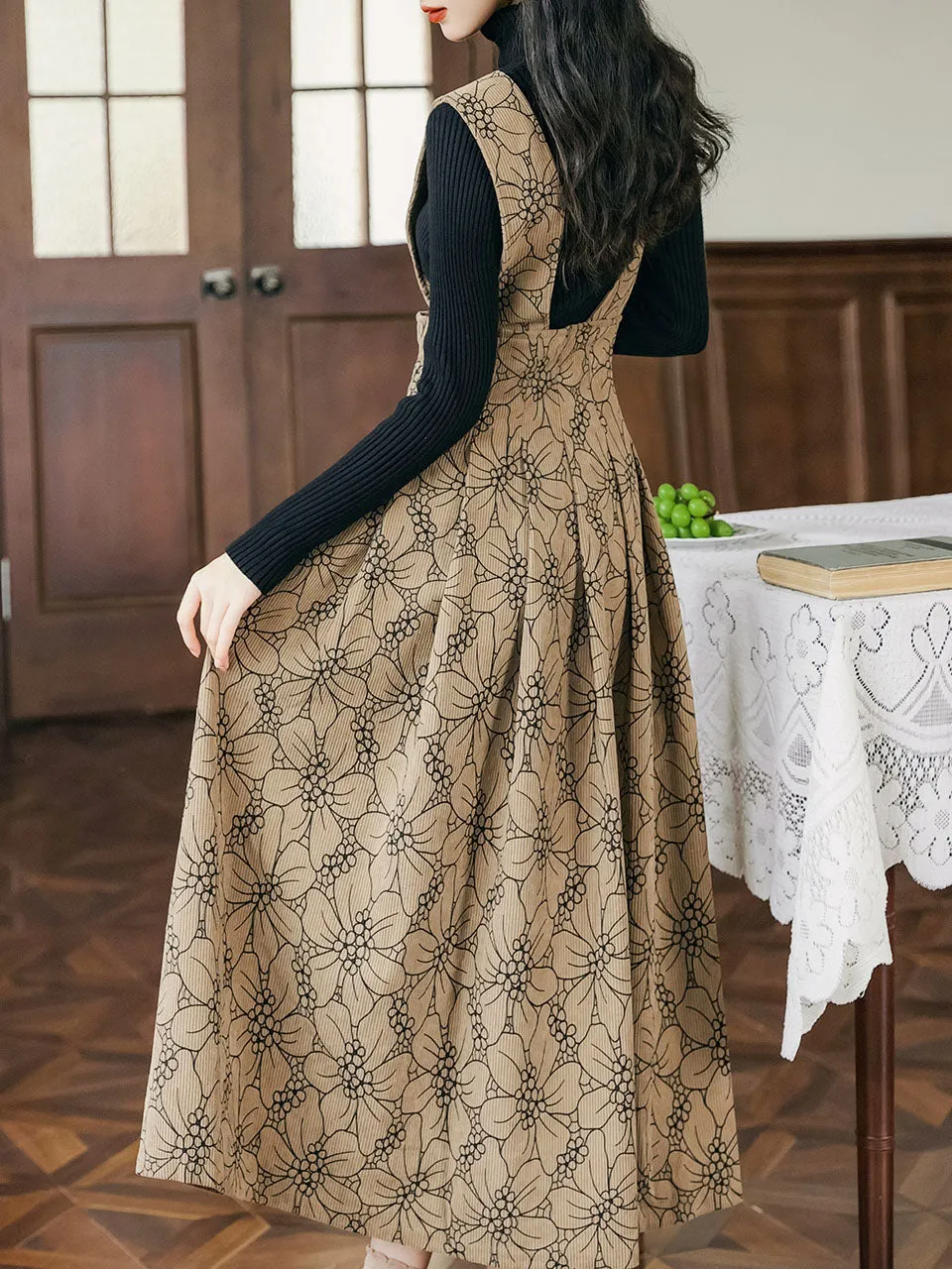 2PS Black Sweater With Brown Floral Suspender Corduroy Dress