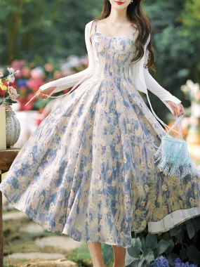 2PS Blue Daisy Floral Print Spaghetti Strap Dress With White Shawl Dress Suit