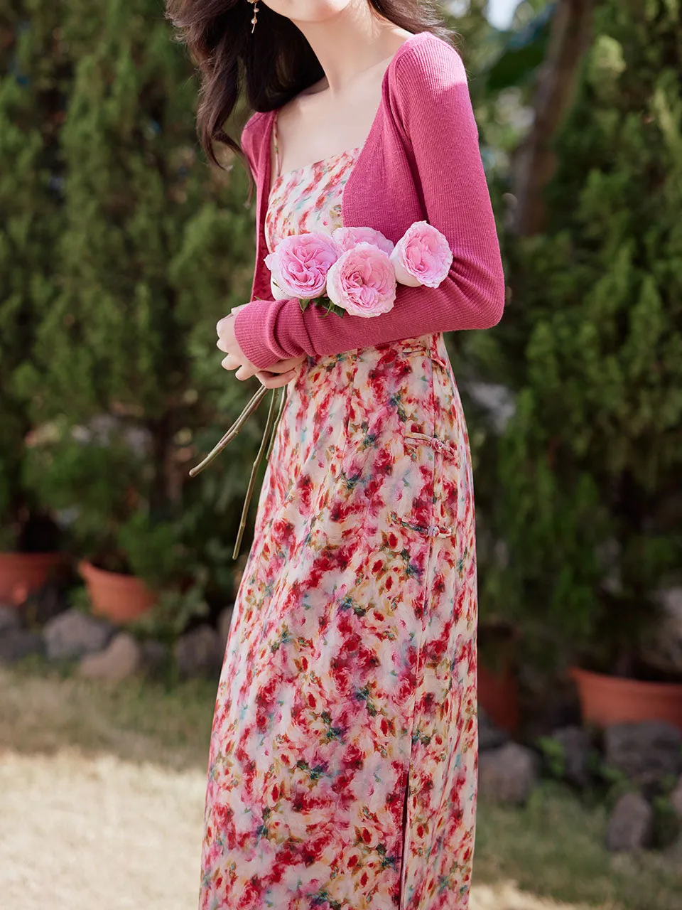 2PS Pink Floral Print Spaghetti Strap Dress With Rose Shawl Dress Suit