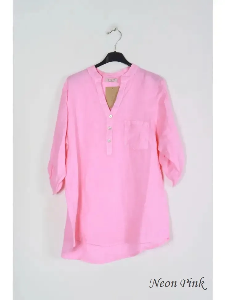 6367 Linen 3/4 Sleeve Blouse With Chest Pocket & Button Details