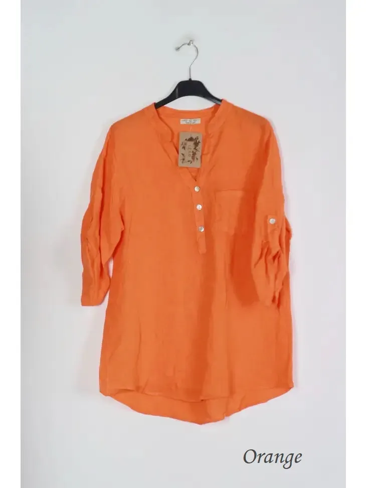 6367 Linen 3/4 Sleeve Blouse With Chest Pocket & Button Details