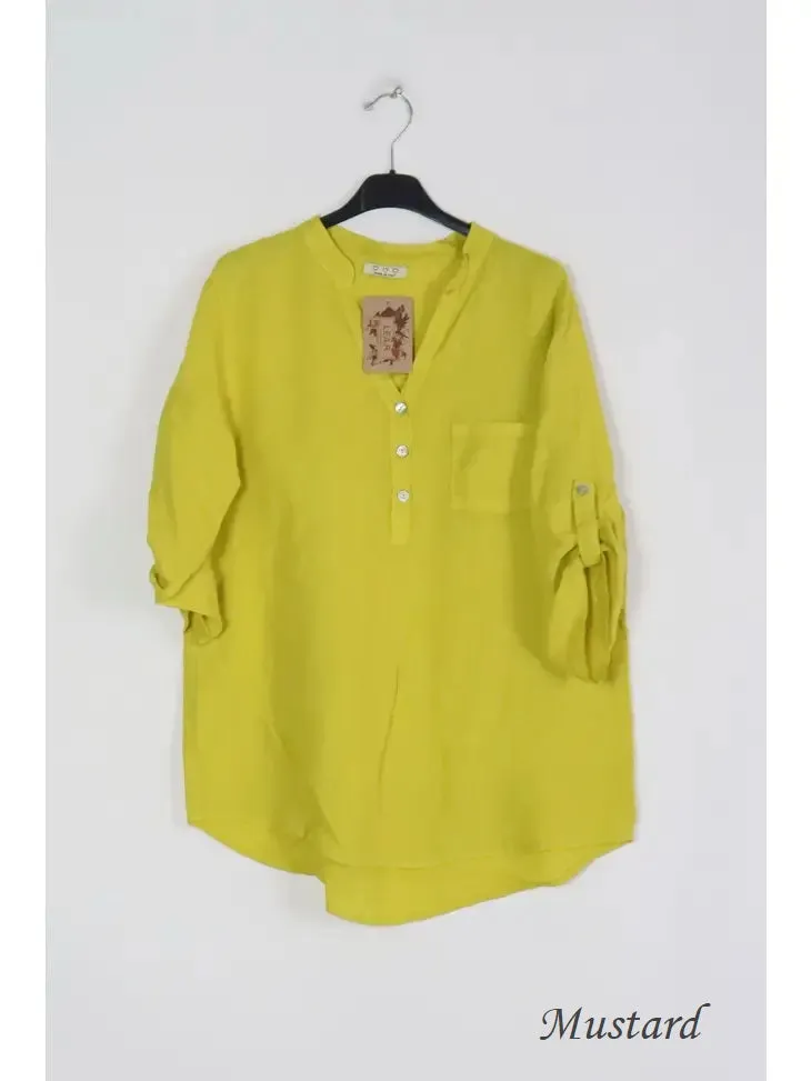 6367 Linen 3/4 Sleeve Blouse With Chest Pocket & Button Details