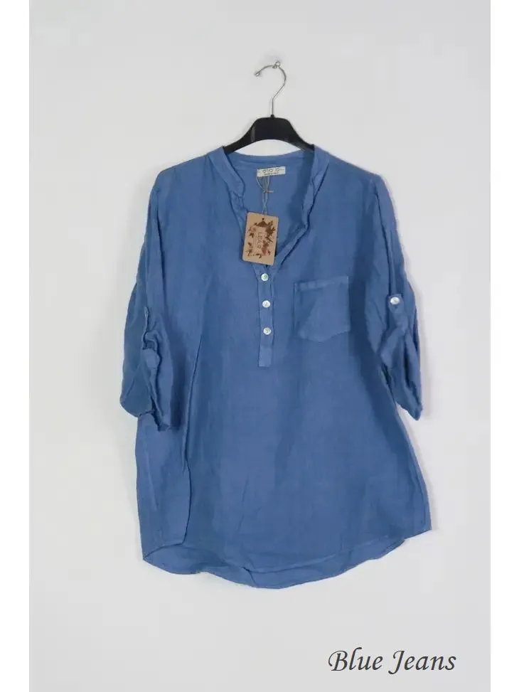 6367 Linen 3/4 Sleeve Blouse With Chest Pocket & Button Details