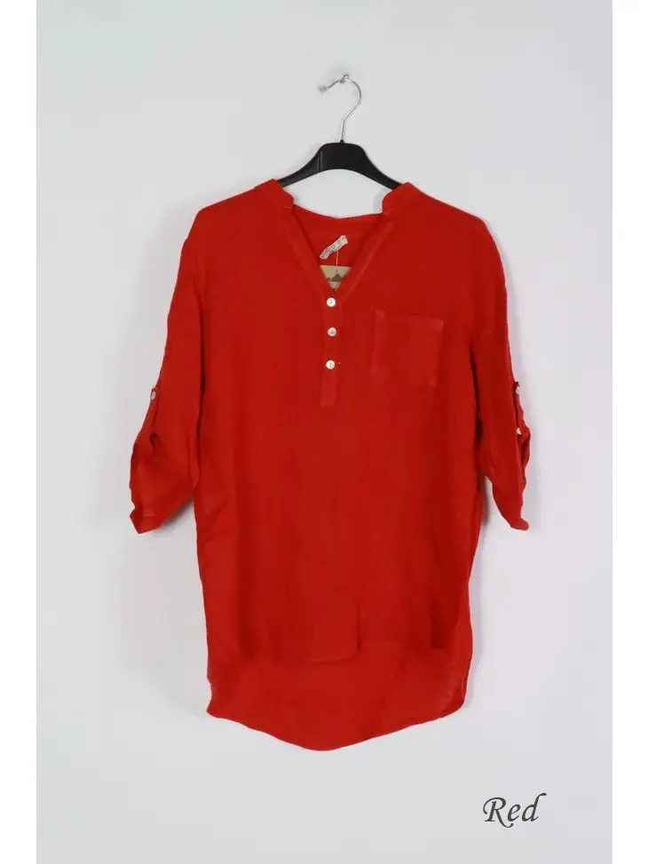 6367 Linen 3/4 Sleeve Blouse With Chest Pocket & Button Details