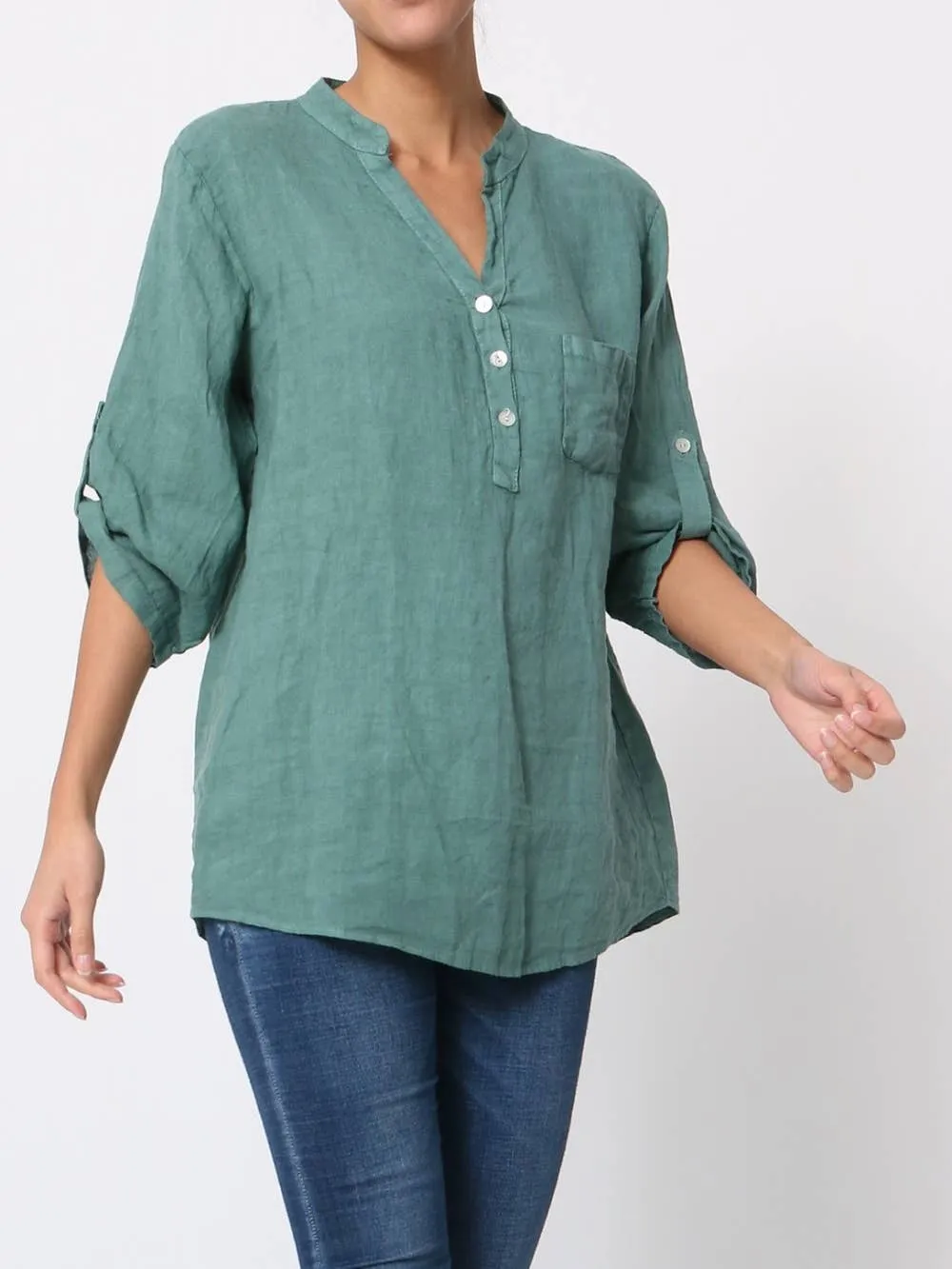 6367 Linen 3/4 Sleeve Blouse With Chest Pocket & Button Details