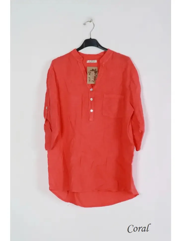 6367 Linen 3/4 Sleeve Blouse With Chest Pocket & Button Details