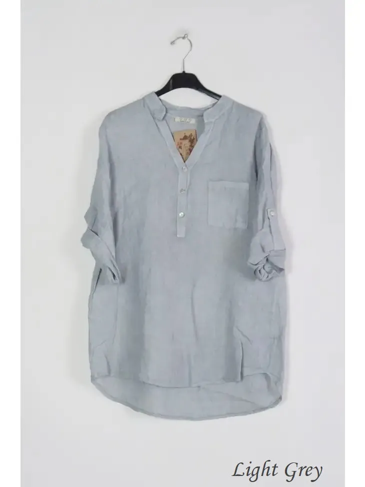 6367 Linen 3/4 Sleeve Blouse With Chest Pocket & Button Details