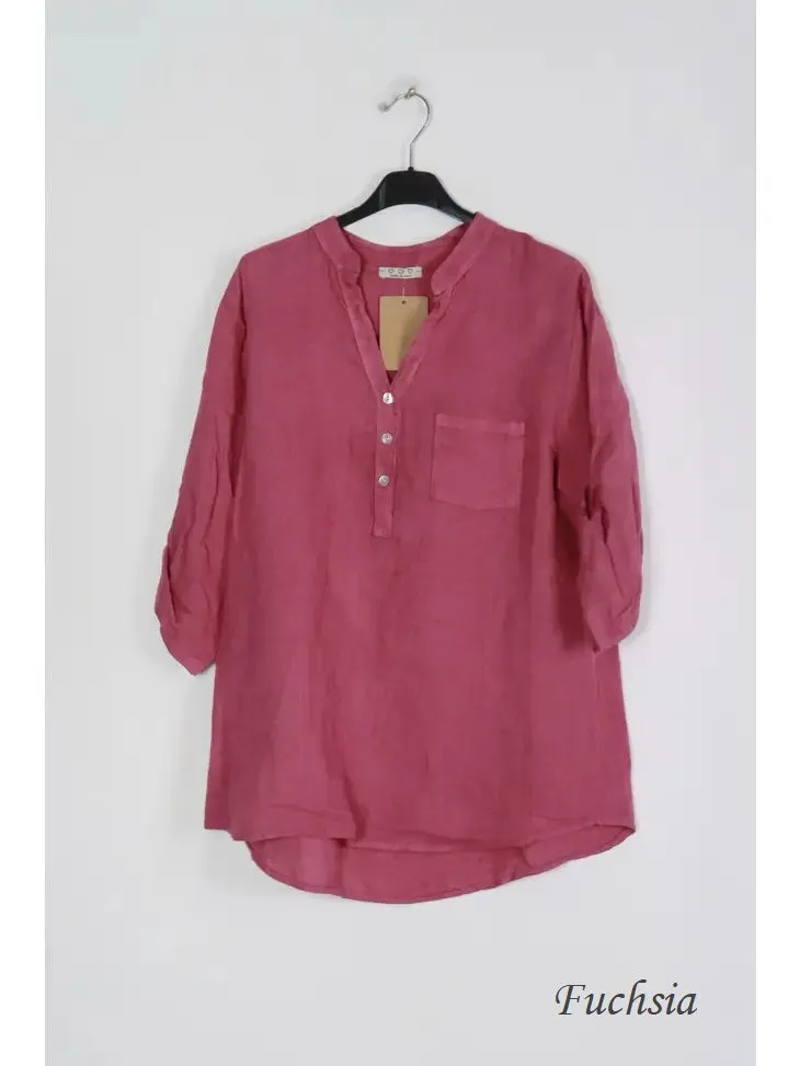 6367 Linen 3/4 Sleeve Blouse With Chest Pocket & Button Details