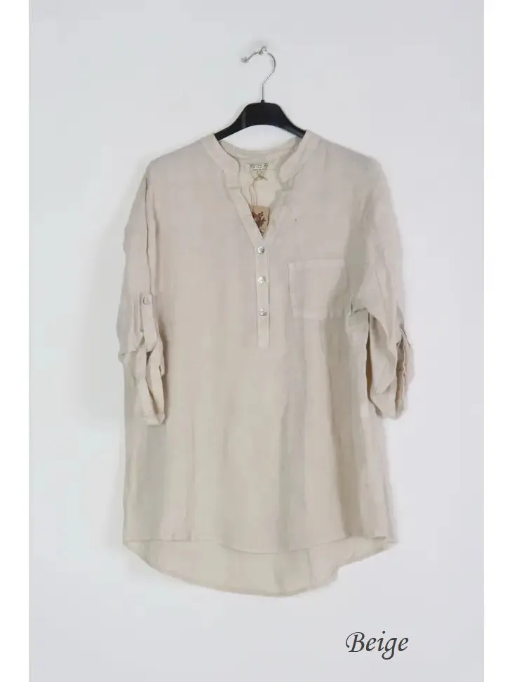 6367 Linen 3/4 Sleeve Blouse With Chest Pocket & Button Details