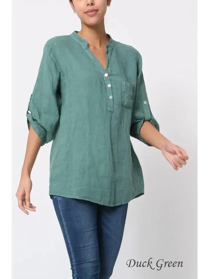 6367 Linen 3/4 Sleeve Blouse With Chest Pocket & Button Details