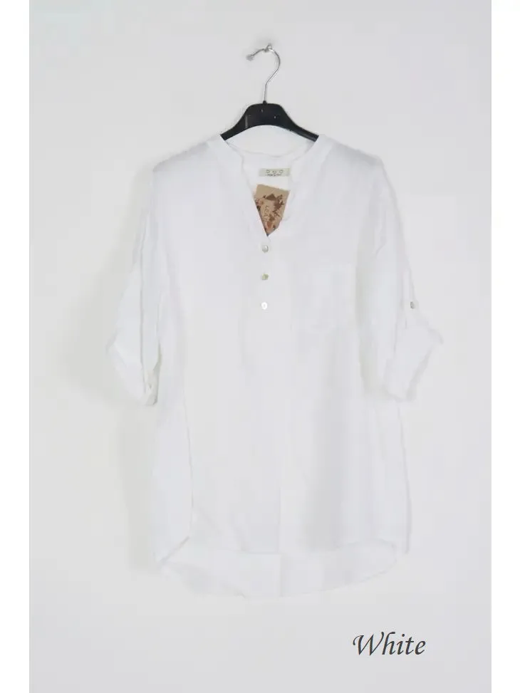 6367 Linen 3/4 Sleeve Blouse With Chest Pocket & Button Details