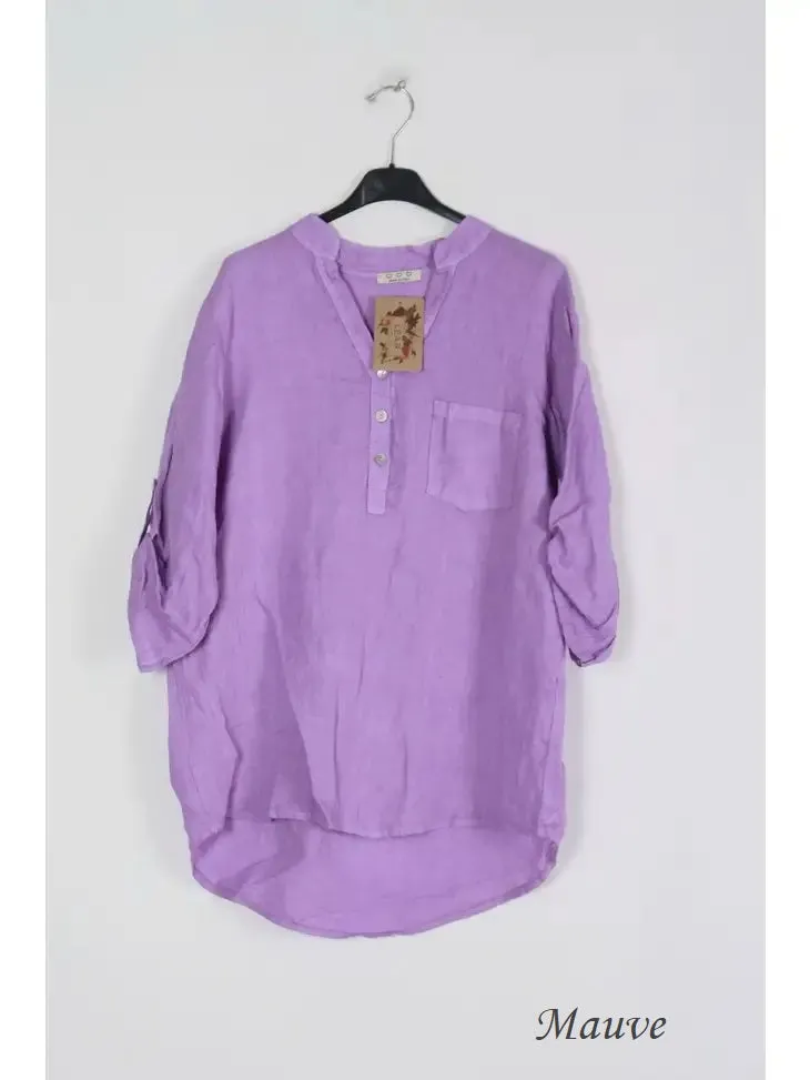 6367 Linen 3/4 Sleeve Blouse With Chest Pocket & Button Details