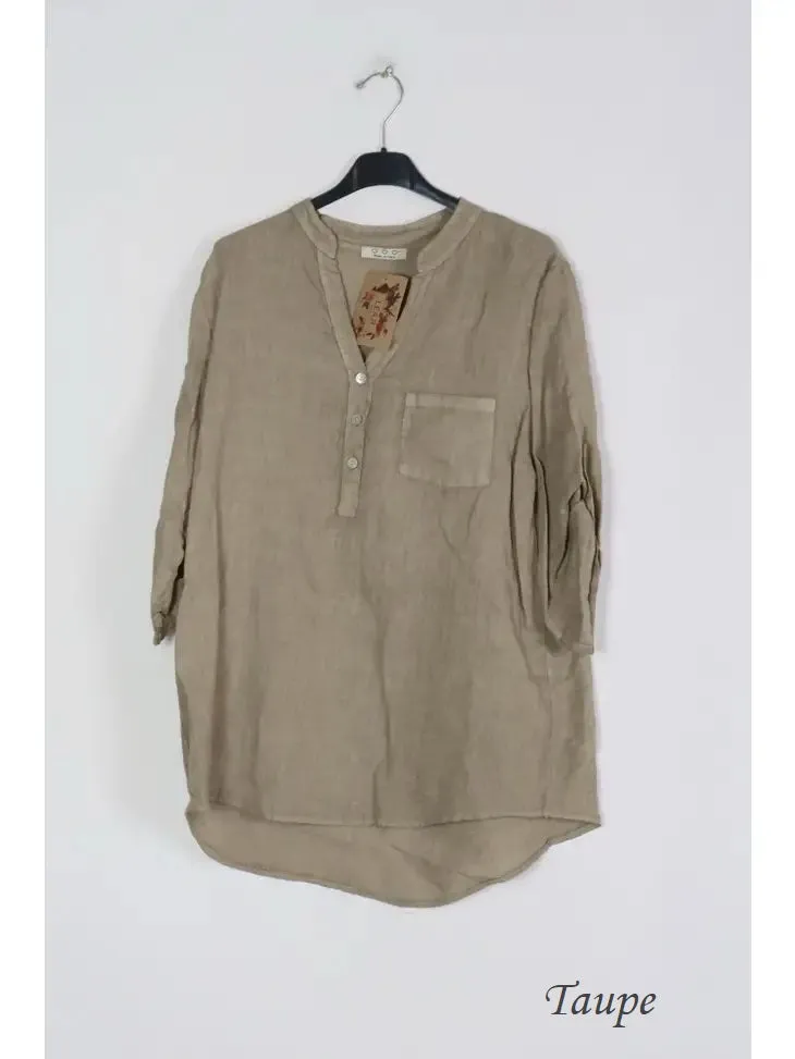 6367 Linen 3/4 Sleeve Blouse With Chest Pocket & Button Details