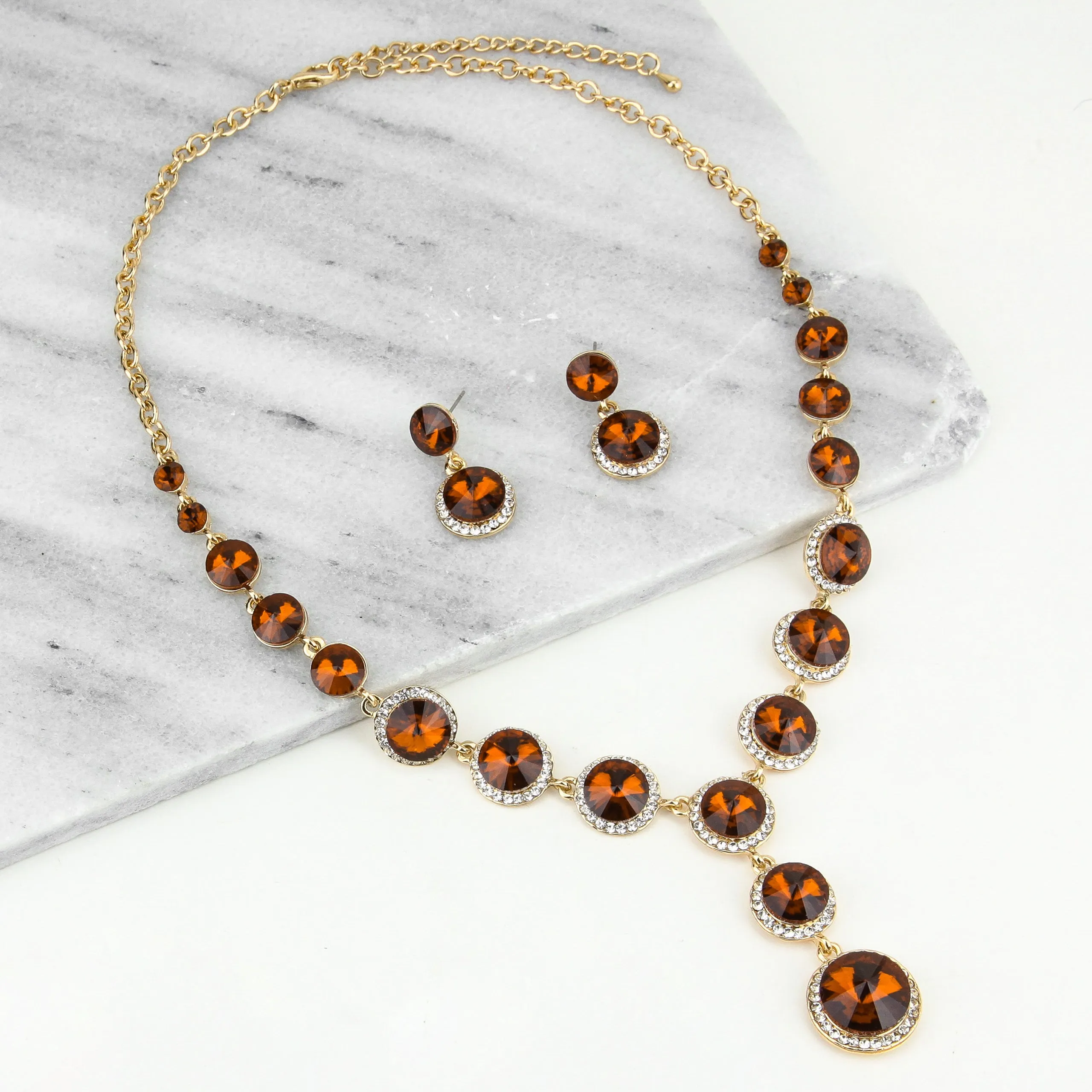 Aaliyah Round Drop Rhinestone Necklace & Earring Set