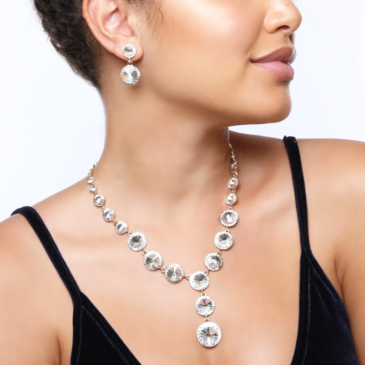 Aaliyah Round Drop Rhinestone Necklace & Earring Set