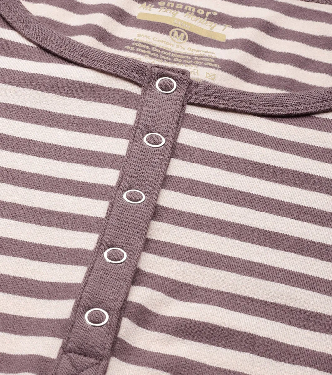 All Day Henley T – Striped | 3/4th Sleeve Stretch Cotton Tee With Ring Snap Button Placket Front & Sleeve Tab