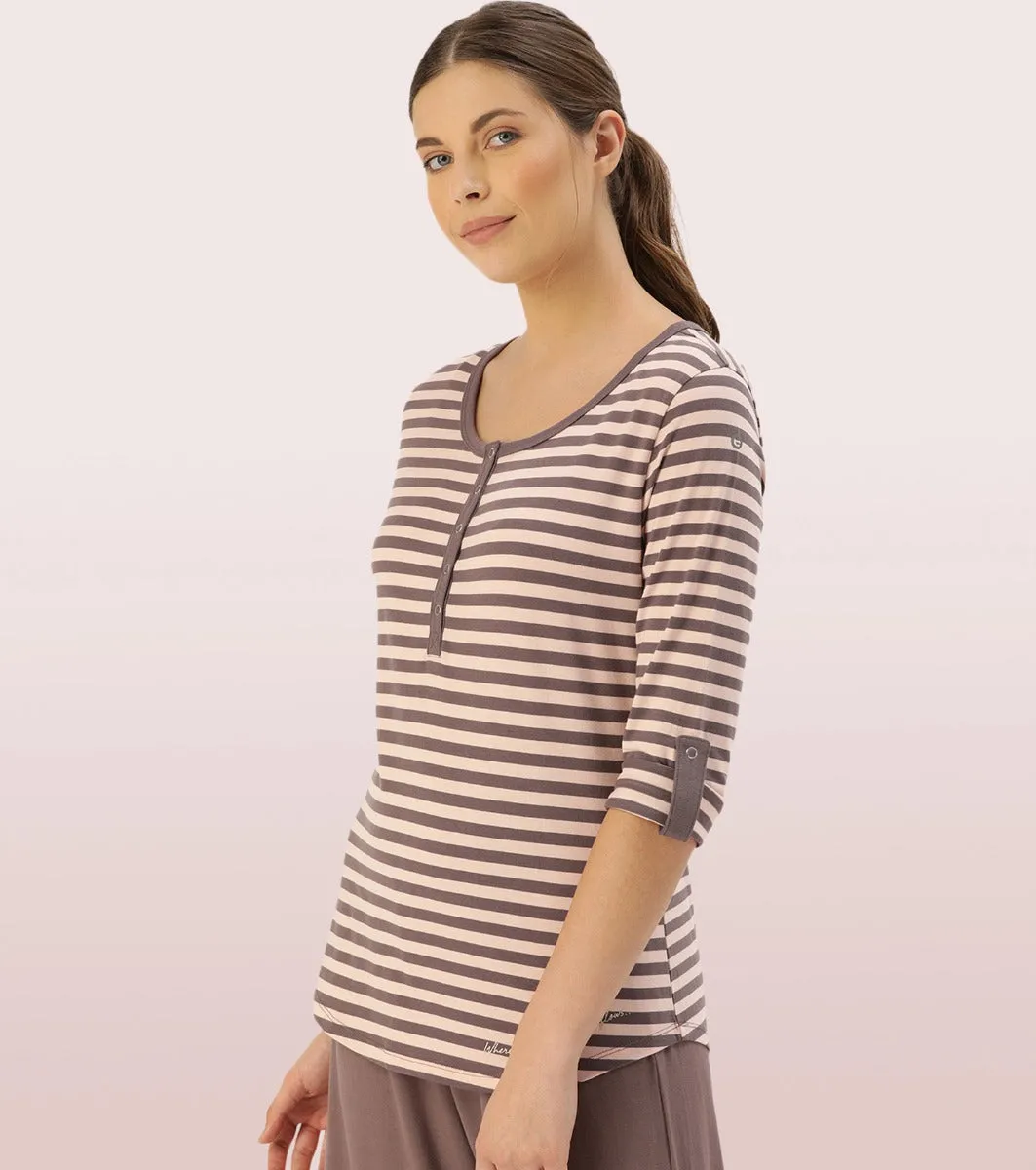 All Day Henley T – Striped | 3/4th Sleeve Stretch Cotton Tee With Ring Snap Button Placket Front & Sleeve Tab