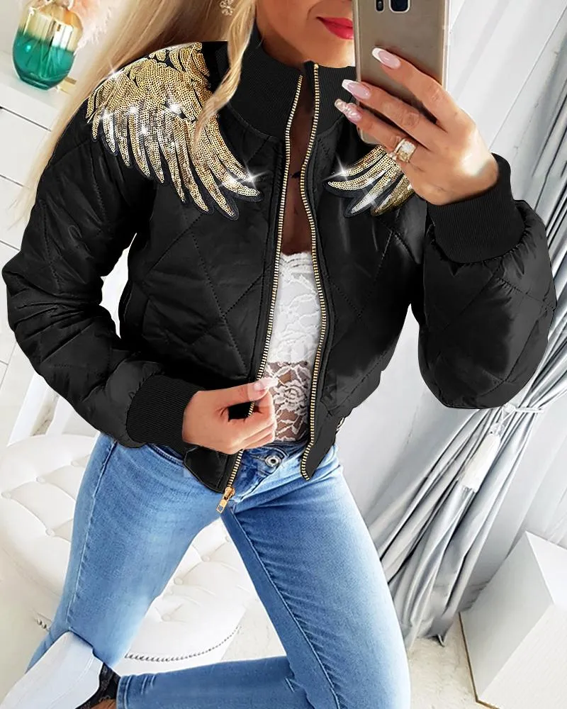 Angel Wings Pattern Contrast Sequin Puffer Coat