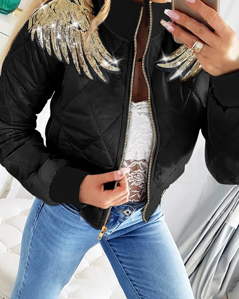 Angel Wings Pattern Contrast Sequin Puffer Coat