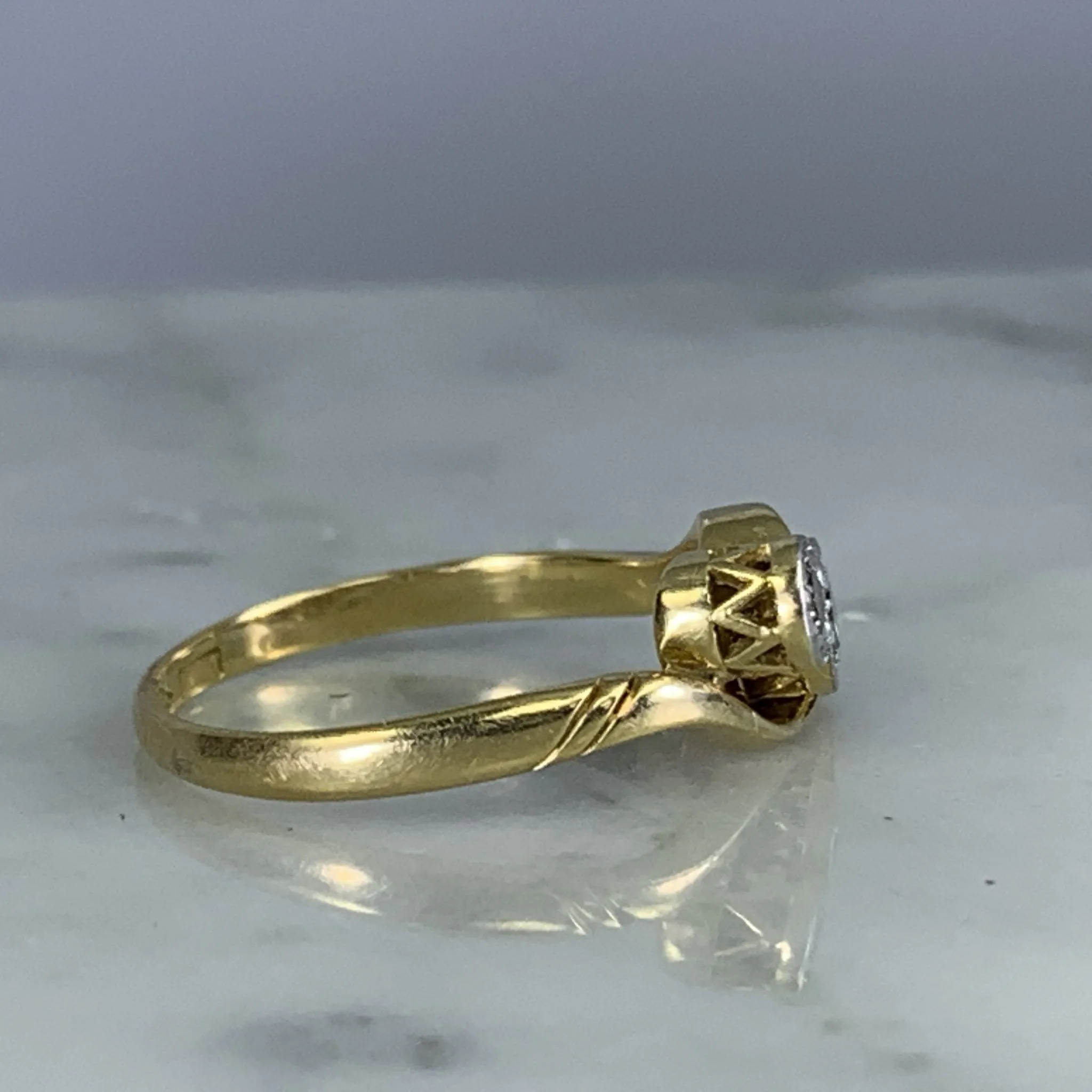 Antique Art Deco Diamond Engagement Ring in 18K Yellow Gold. Past Present and Future Trilogy Ring