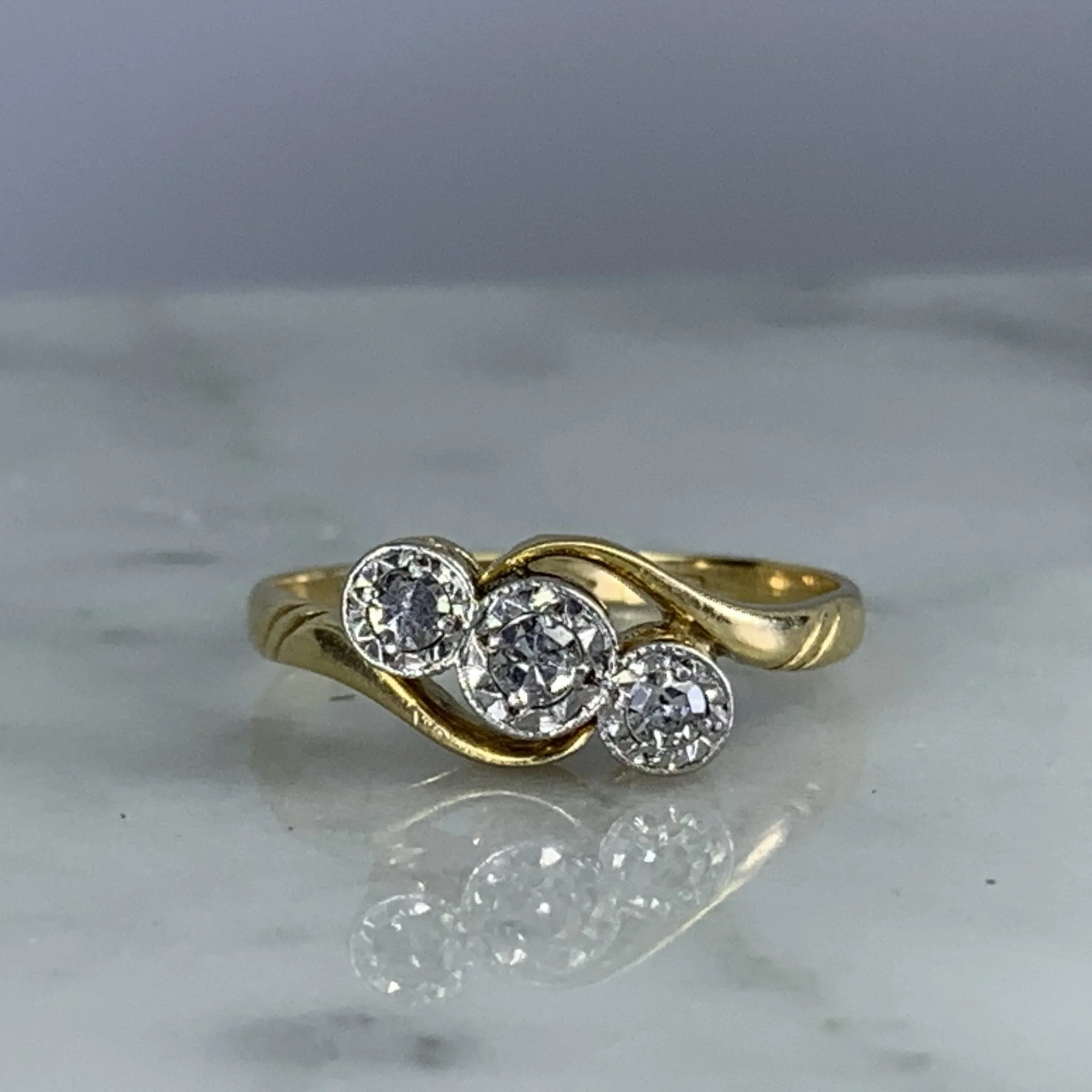 Antique Art Deco Diamond Engagement Ring in 18K Yellow Gold. Past Present and Future Trilogy Ring