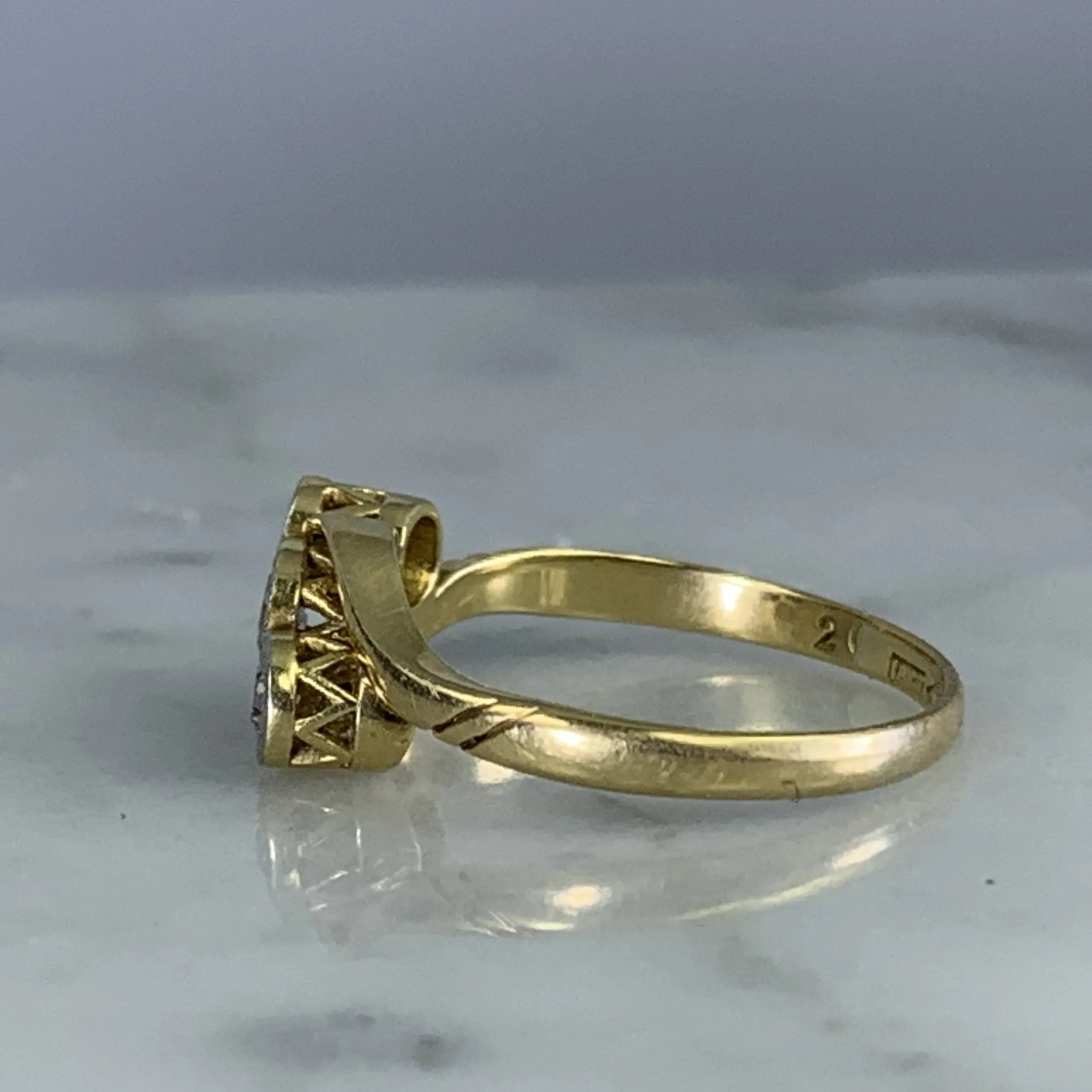 Antique Art Deco Diamond Engagement Ring in 18K Yellow Gold. Past Present and Future Trilogy Ring