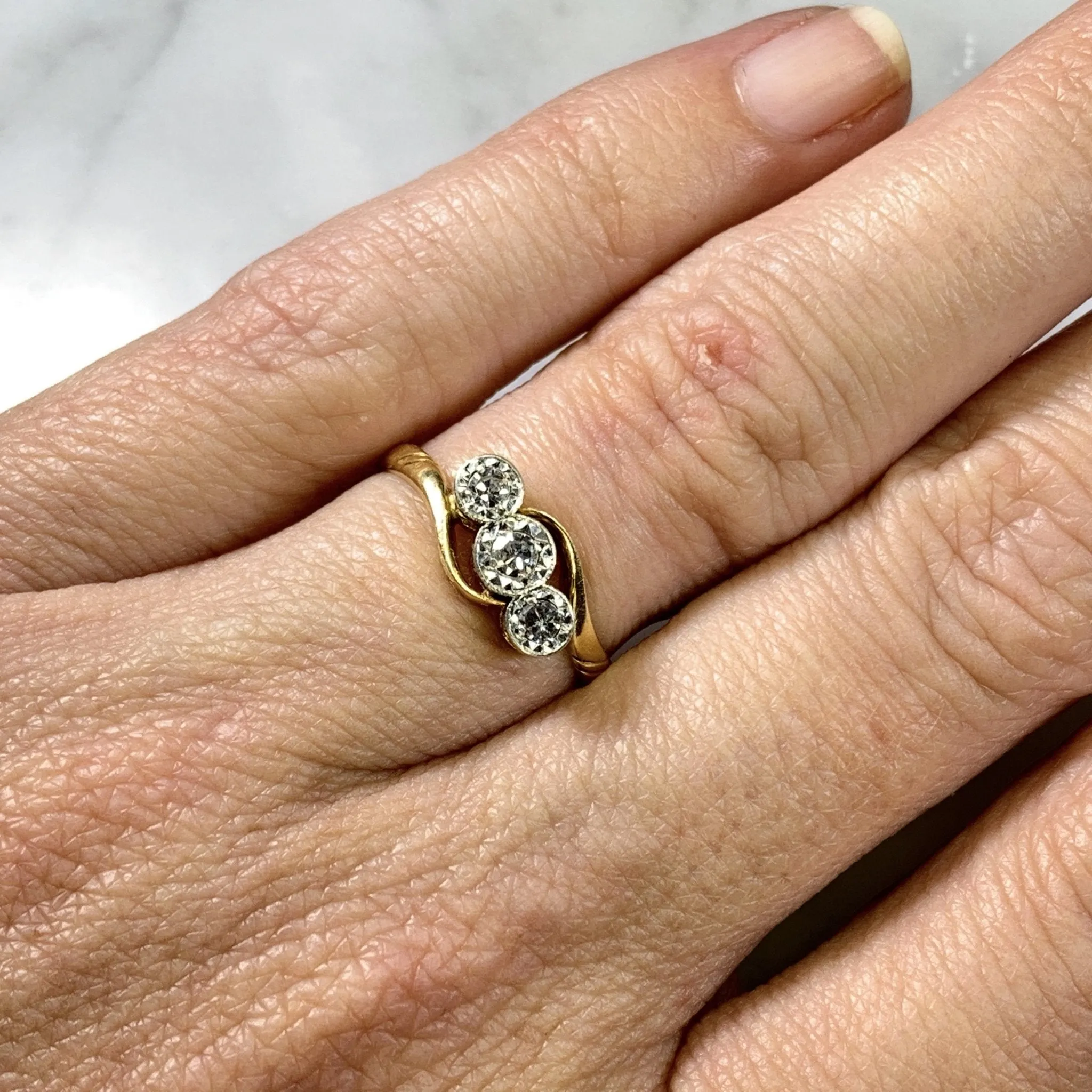 Antique Art Deco Diamond Engagement Ring in 18K Yellow Gold. Past Present and Future Trilogy Ring