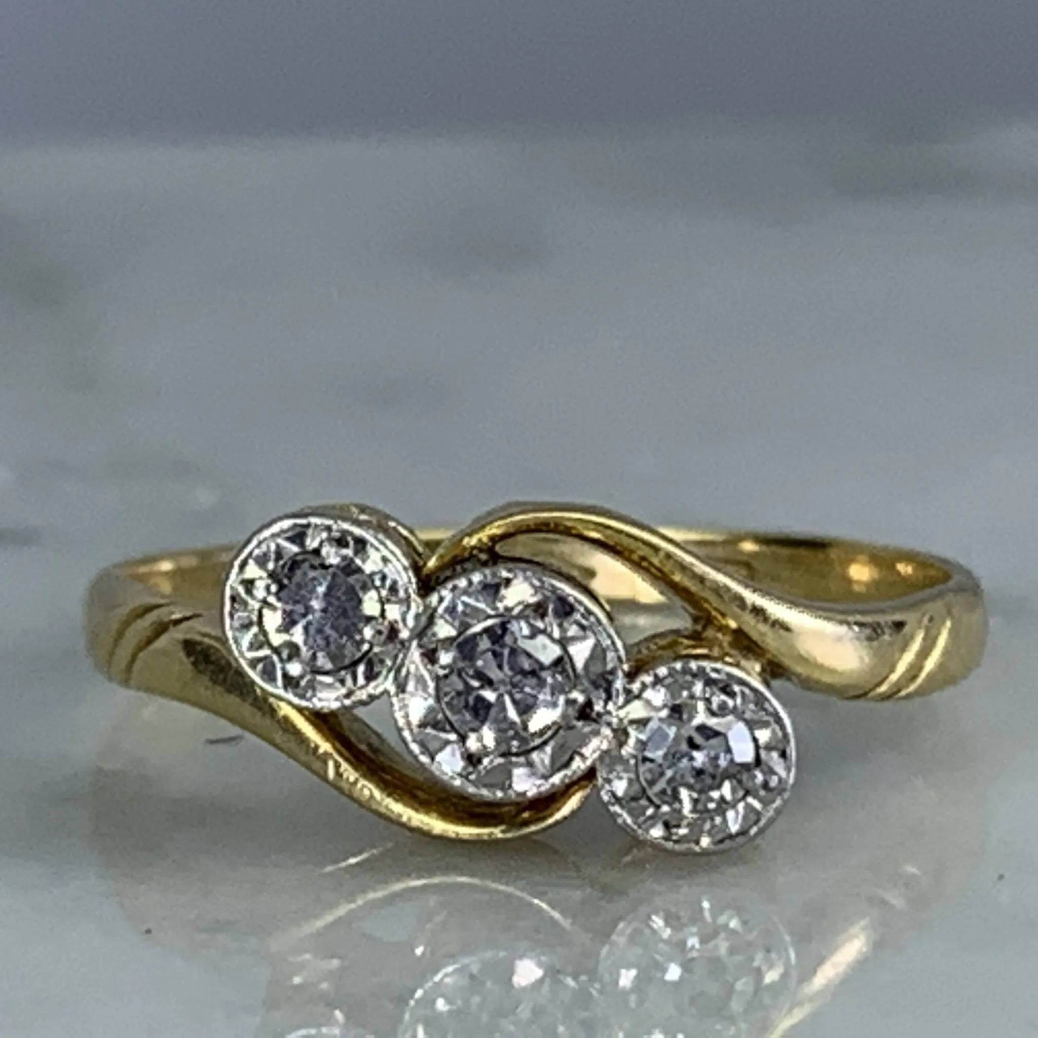 Antique Art Deco Diamond Engagement Ring in 18K Yellow Gold. Past Present and Future Trilogy Ring