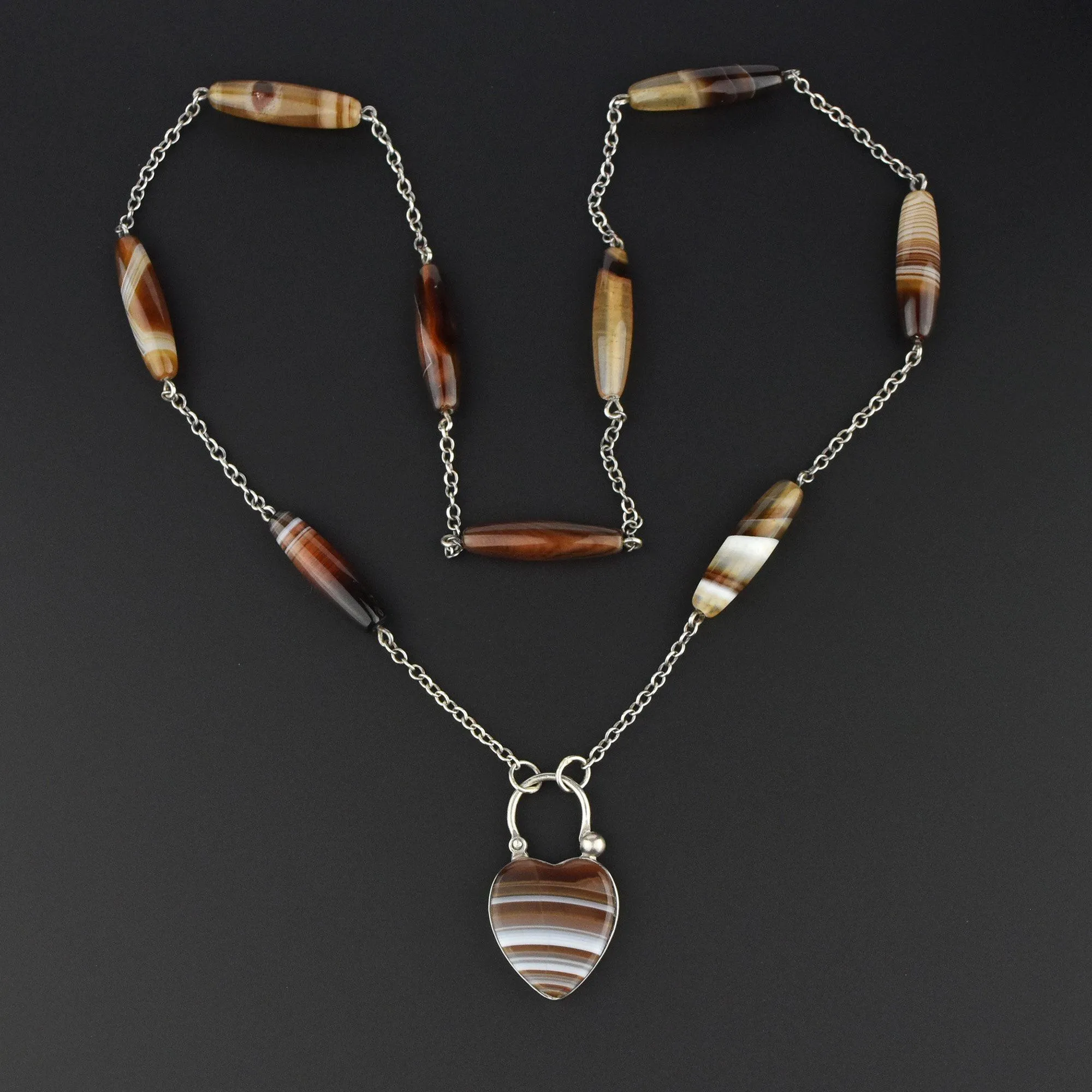 Antique Scottish Banded Agate Heart Padlock Necklace