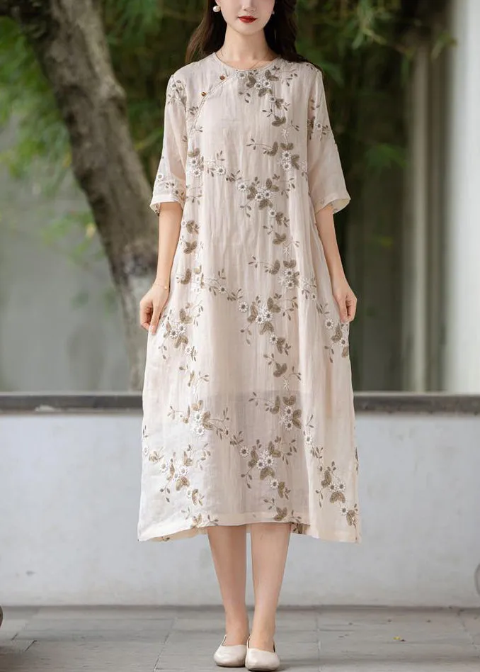 Apricot Button Linen Long Dress O Neck Half Sleeve MN056