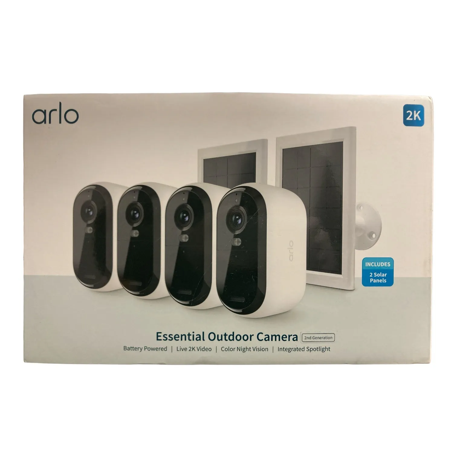 Arlo 2K Essential Outdoor Camera 2nd Gen, 4 Cameras and 2 Solar Panels, White