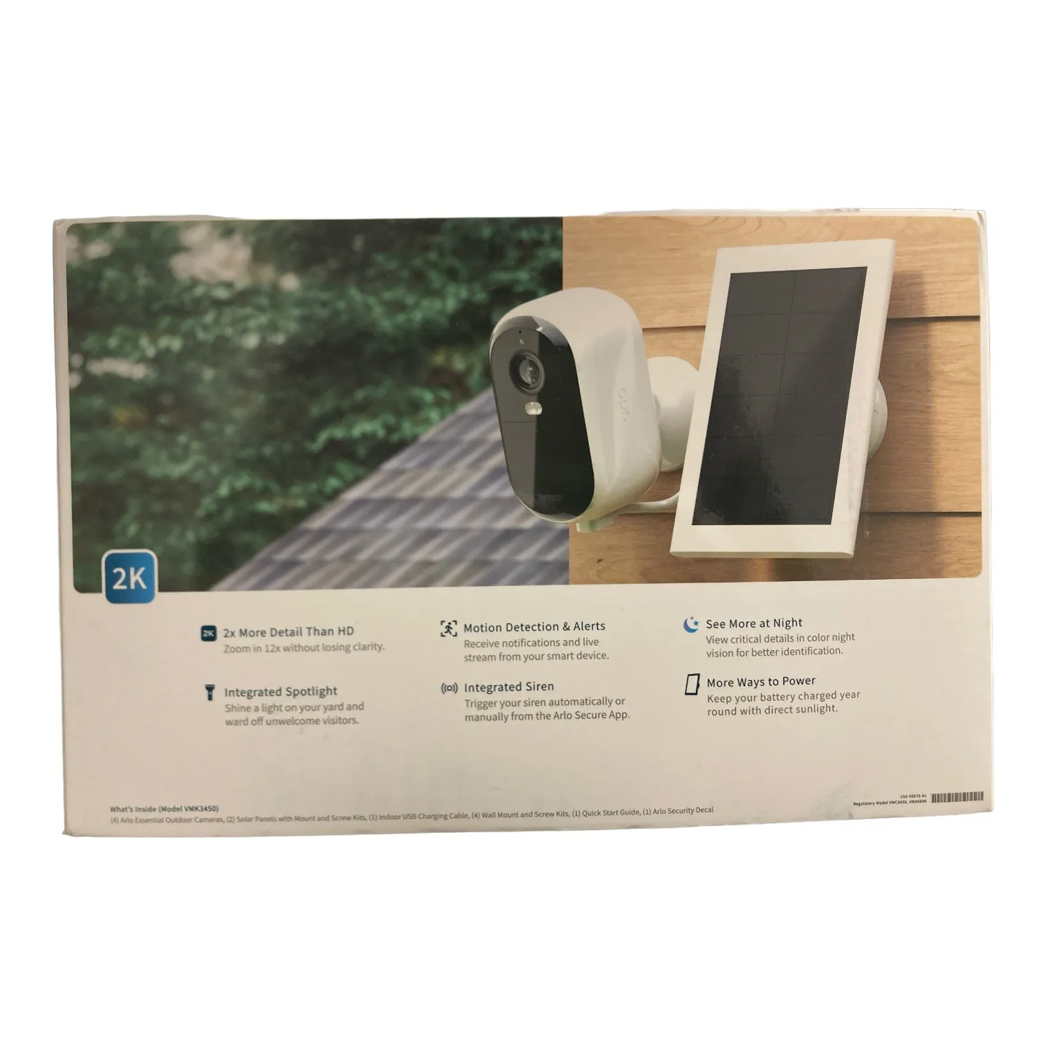 Arlo 2K Essential Outdoor Camera 2nd Gen, 4 Cameras and 2 Solar Panels, White