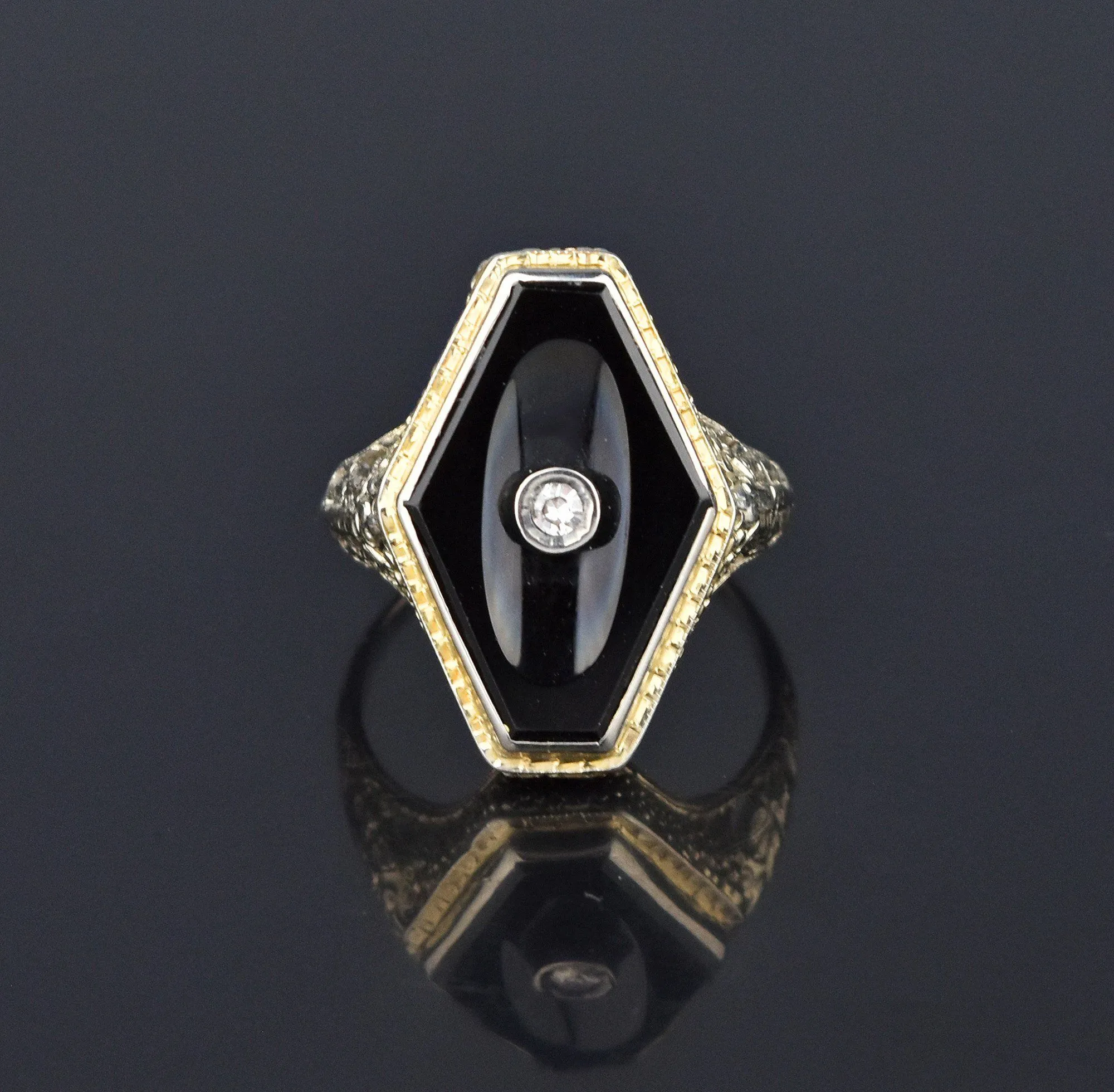 Art Deco 18K White Gold Diamond Black Onyx Ring