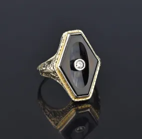 Art Deco 18K White Gold Diamond Black Onyx Ring