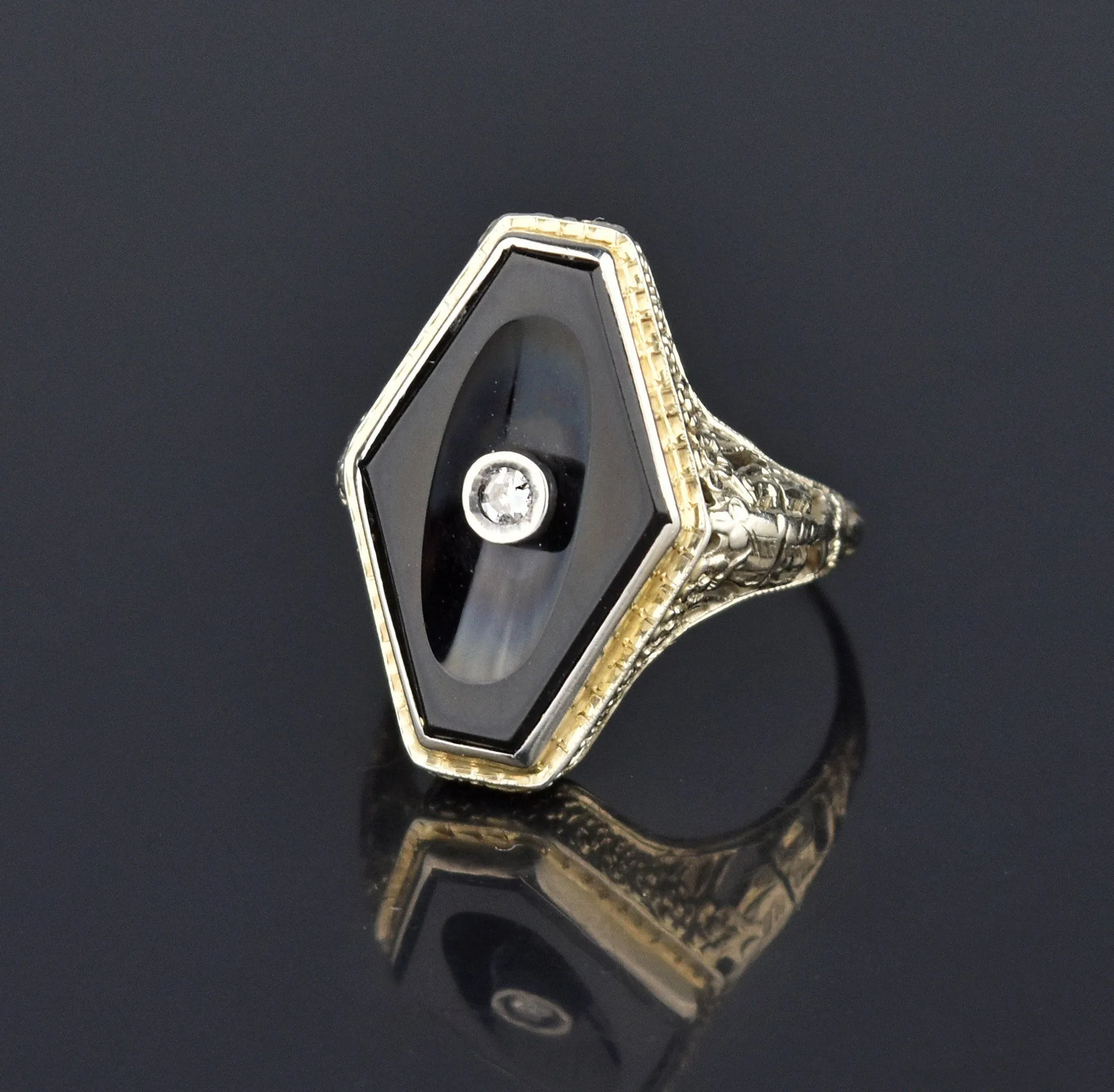 Art Deco 18K White Gold Diamond Black Onyx Ring